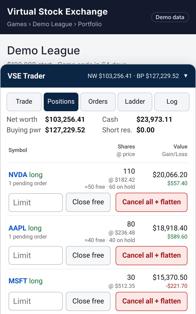 Command center positions tab on a phone-sized screen tagged Demo data.